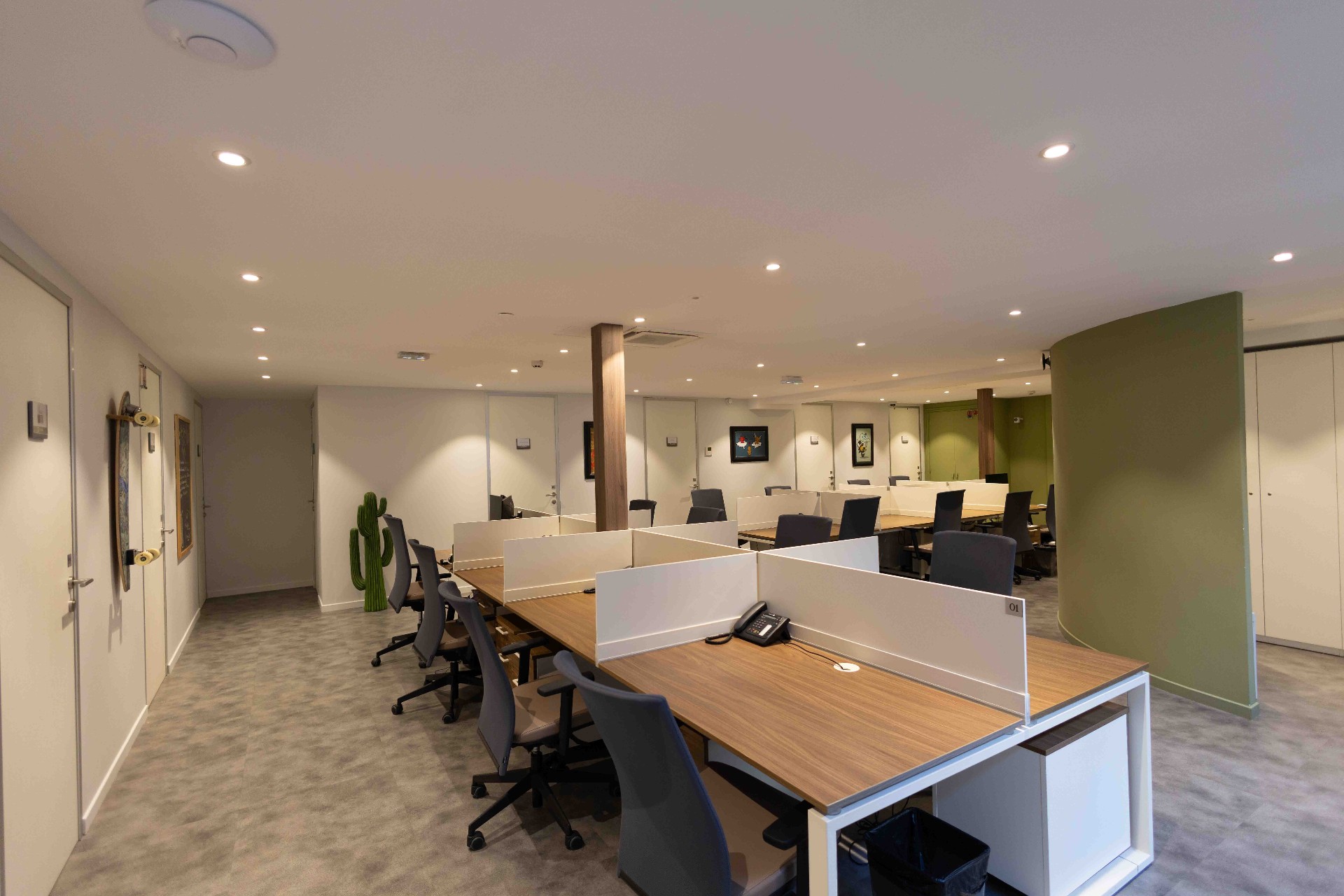 Espace de coworking Talaria, bureaux en bois et accents olive